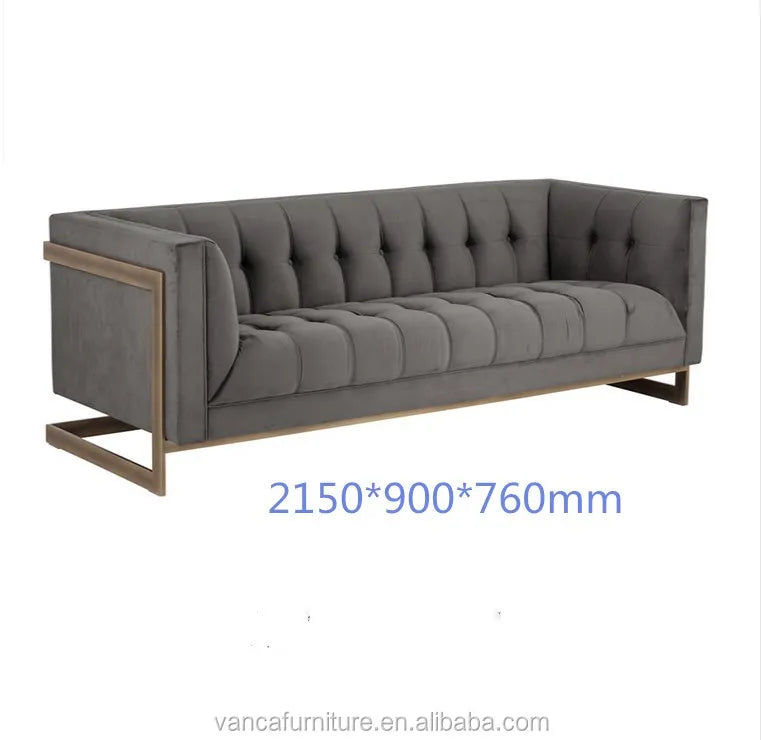 European Style modern Grey Velvet Hotel Living room U shape Sofa 2 seater with gold frame
