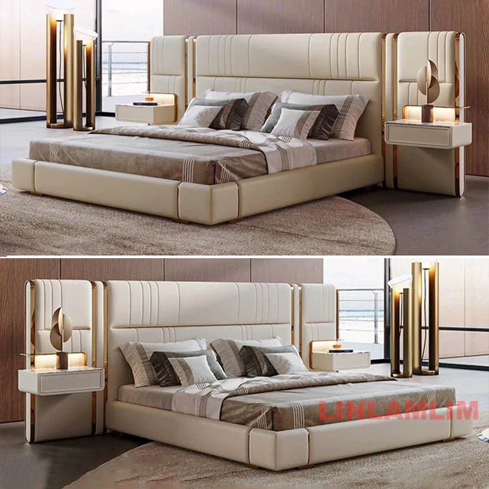 MINGDIBAO Luxury King / Queen Size Upholstered Bed Frame with Nightstands & Gold Accents, Modern Designer Genuine Leather Bed