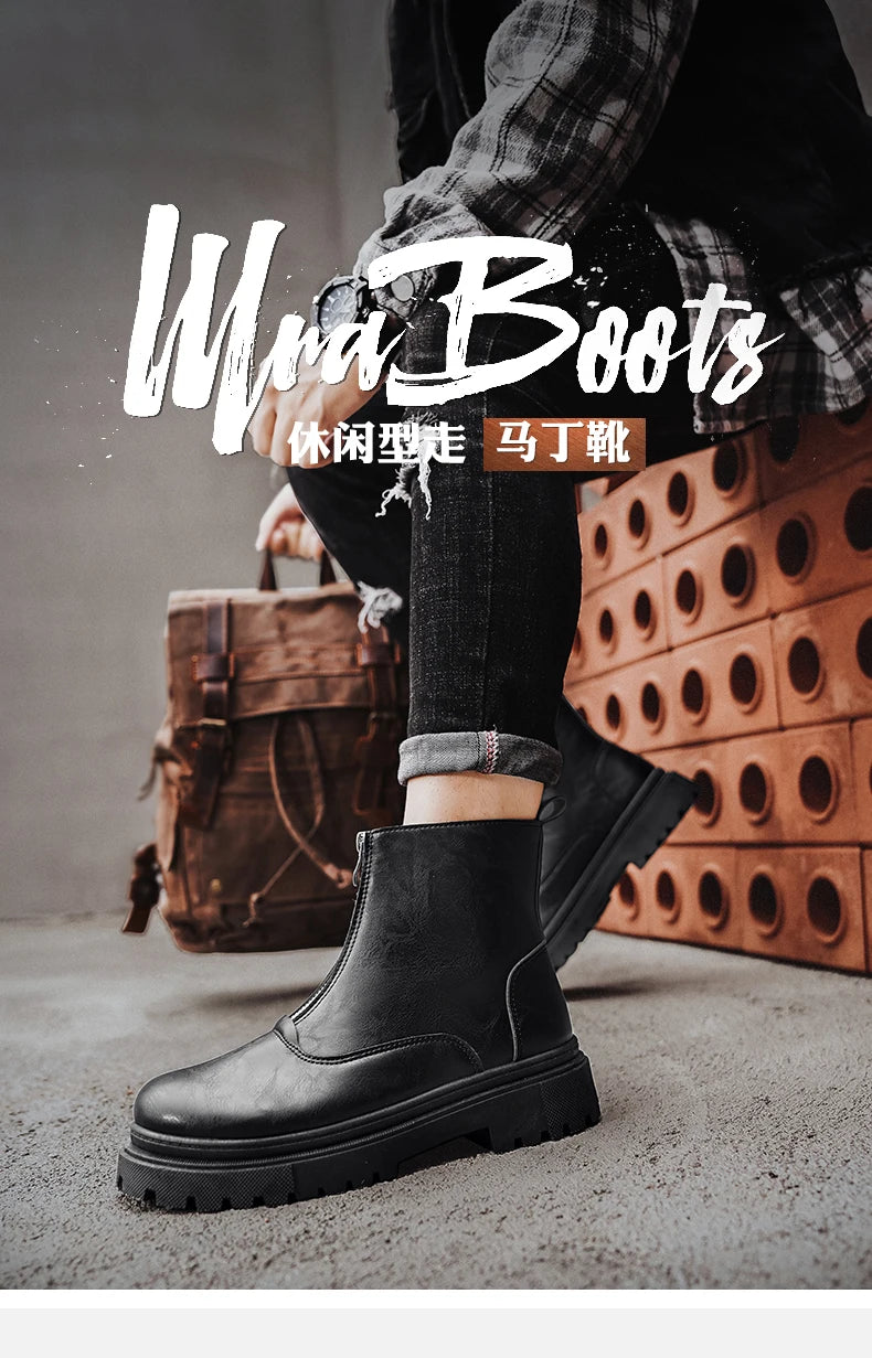 Men's Winter Leather Boots High Tops Zippers Waterproof Big Round Toe Trendy All-match New Fashion Mans Tooling Boot Main Push