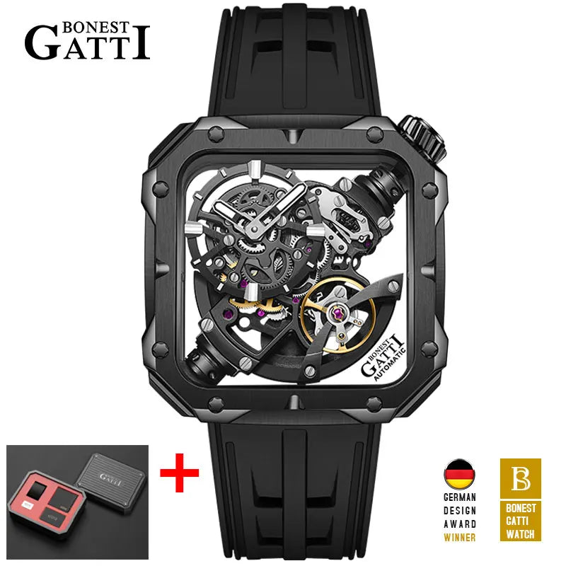 BONEST GATTI Men Automatic Watch 42mm Square Men Mechanical Wristwatch Sapphire Luminous Skeleton Dial Fluororubber Strap 2025