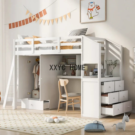 Cama tipo Loft para niños, mueble de tamaño doble con 1 armario y 7 cajones, escritorio adjunto con estantes, versátil,