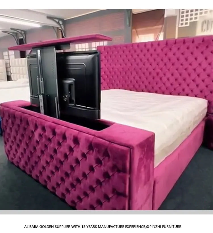 Custom HOME Remote Control Whole House Decoration King Size Smart Luxury Bed With Tv And Fireplace In Footboard Storage