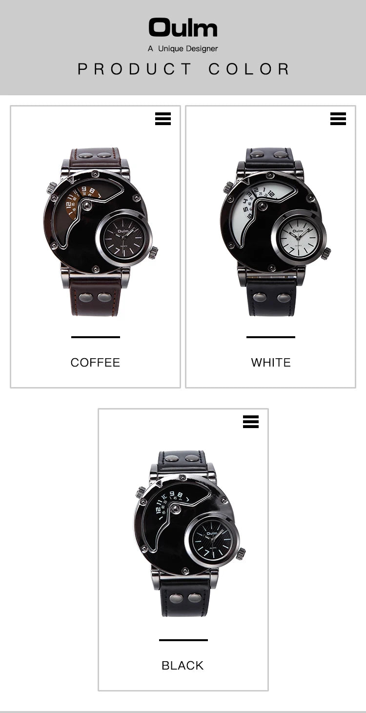 Oulm Designer Brand Luxury Watches For Men Dual Time Quartz Watch Casual Man Leather Watch Sport Male Clock Relogio Masculino