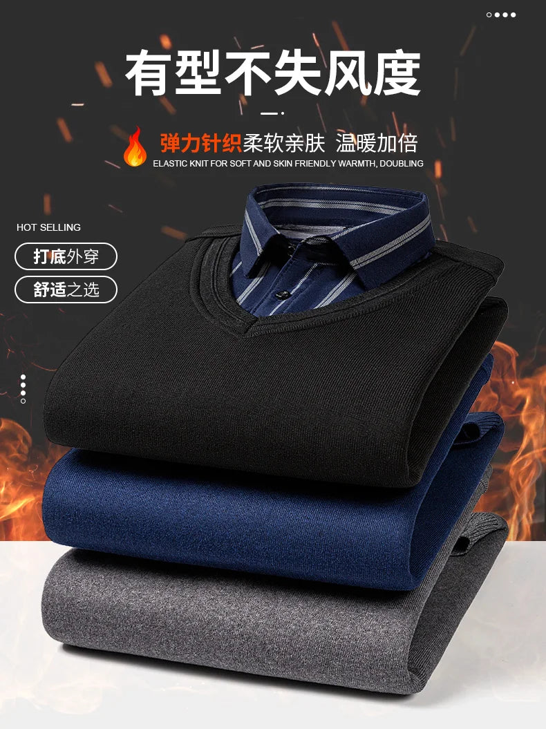 camisas de hombre imitation two piece set men clothing designer clothes long sleeve fleece thickened warm sweater men clothing