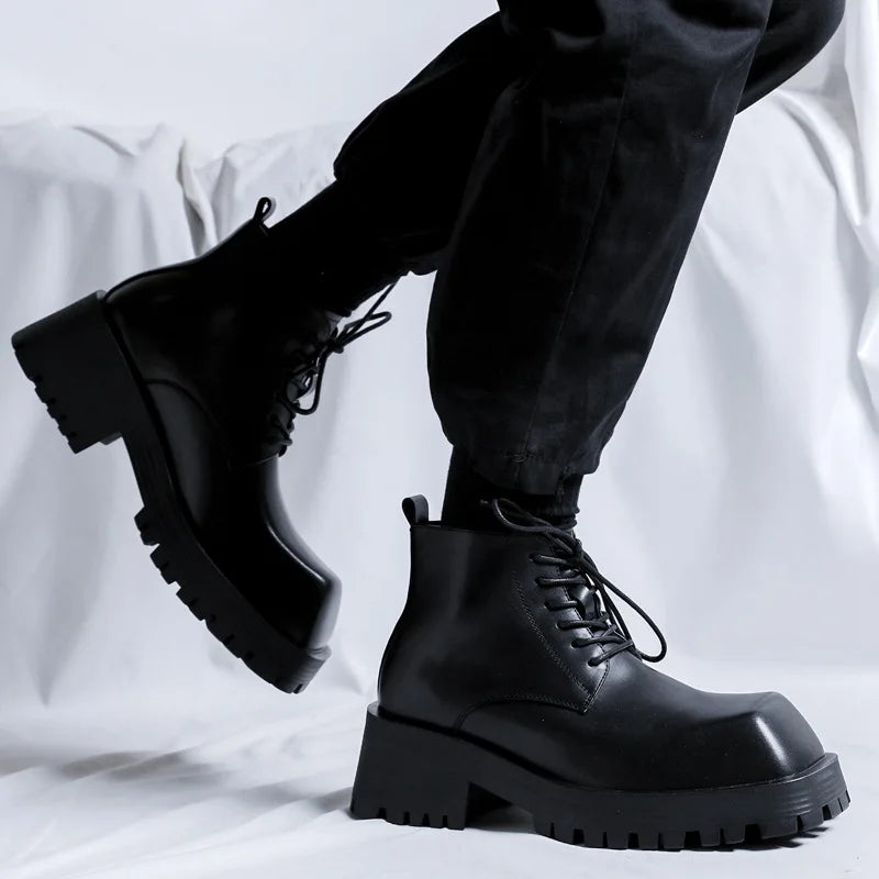 British Vintage Men Leather Shoes Square Toe Lace-up Dress Ankle Boots Autumn Winter Tooling Motorcycle Boots Business Men Shoe