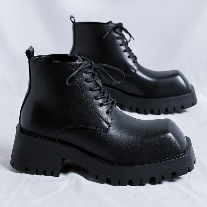 British Vintage Men Leather Shoes Square Toe Lace-up Dress Ankle Boots Autumn Winter Tooling Motorcycle Boots Business Men Shoe