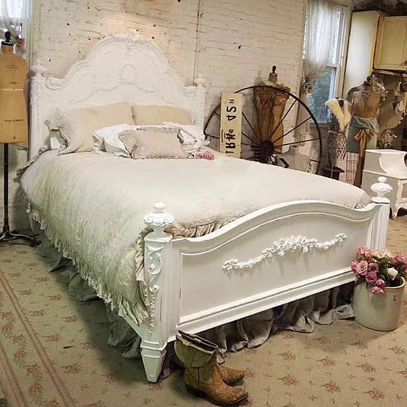American Retro Solid Wood Carved White Double Bed American Country Princess Bed