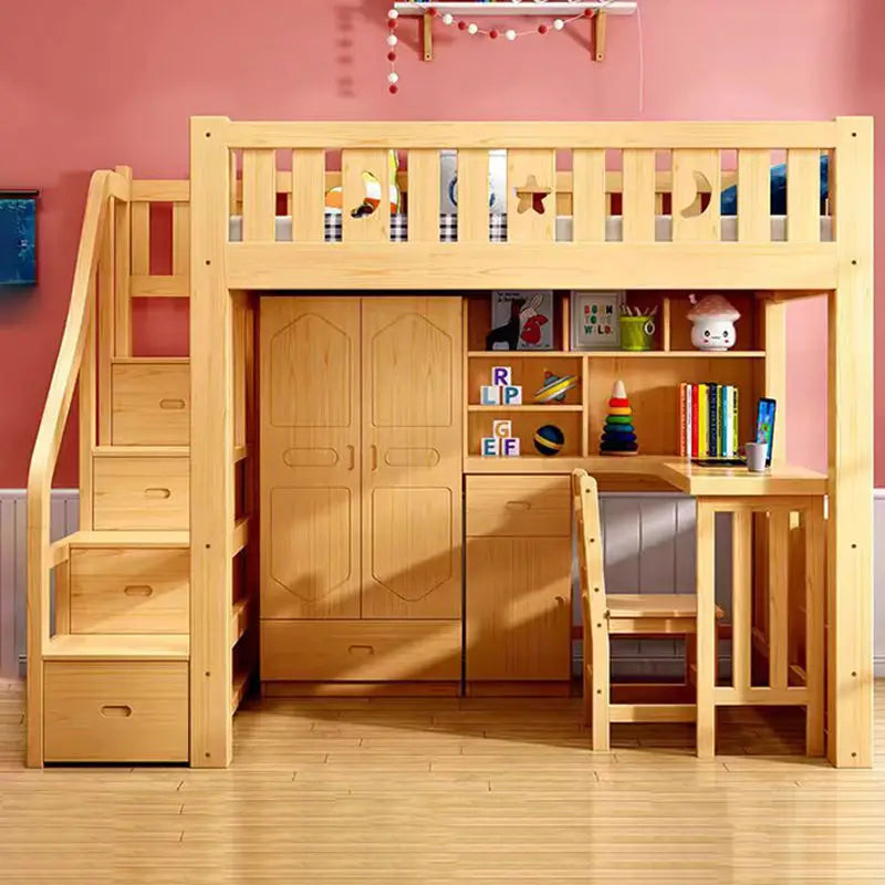 Solid wood bed Under table High and low bed Integrated combination wardrobe Multifunctional desk Learning overhead