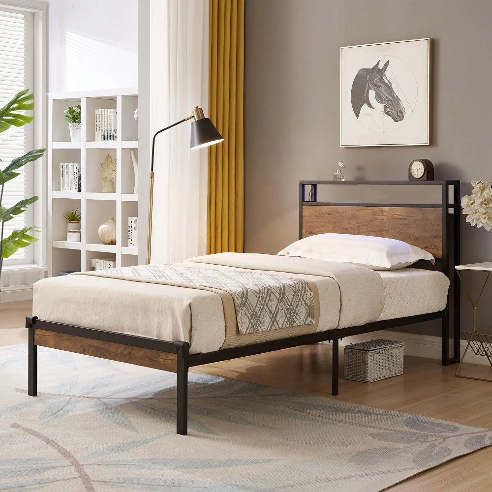 Metal Bed Frame, Wooden Headboard, USB Ports, No Box Spring, Under Bed Storage, Easy Assembly  Bed Frame Furniture Bedroom