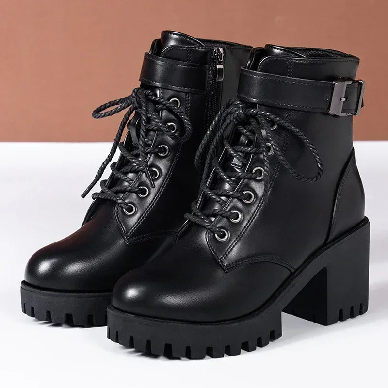 Winter Women's Boots 2024 New Lace Up Boots for Womens Fashion Thick Heel Side Zipper Ankle Boots Warm Female Motorcycle Shoes