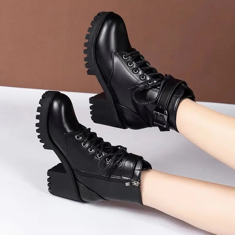 Winter Women's Boots 2024 New Lace Up Boots for Womens Fashion Thick Heel Side Zipper Ankle Boots Warm Female Motorcycle Shoes