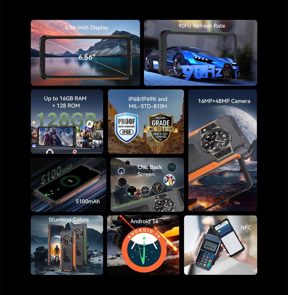Cubot KingKong ACE 2 Ultra-thin Rugged Smartphone Android 14 16GB RAM(6GB+10GB),+128GB ROM 6.56" 90Hz Screen NFC Cell Phone