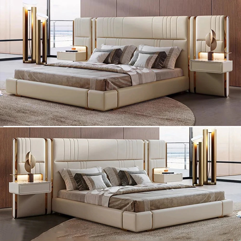 MINGDIBAO Luxury King / Queen Size Upholstered Bed Frame with Nightstands & Gold Accents, Modern Designer Genuine Leather Bed