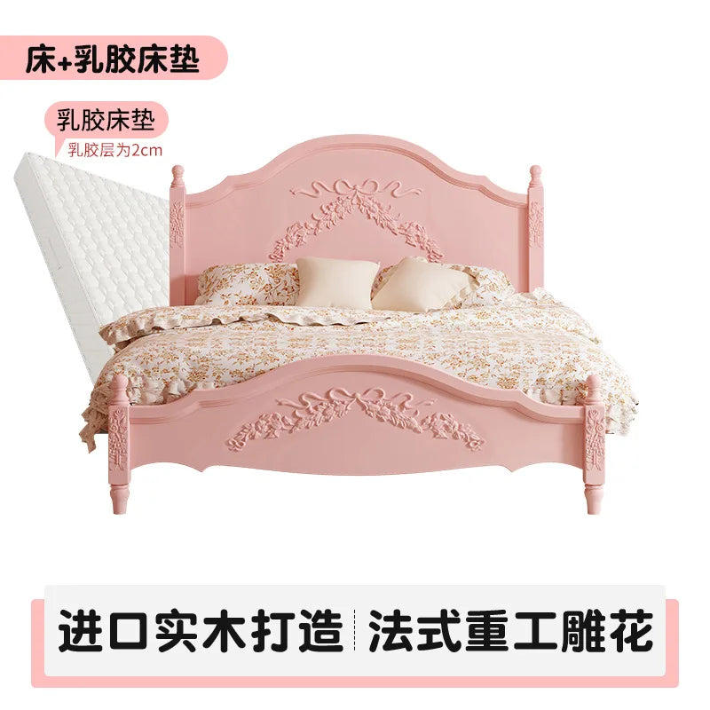 French Solid Wood Bed Pink Princess Bed Girl Bedroom 1.8 Meters 1.5m Double Retro European Carved Bed American