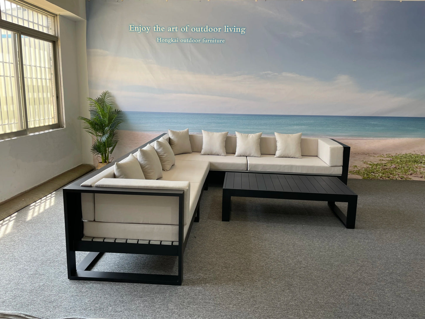 Modern Dark Grey Couch L Shaped Patio Sofa Hotel Outdoor Furniture Sets Modular Metal Garden Aluminium Sofa