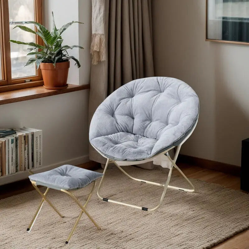 Comfortable Faux Fur Saucer Chair Round Folding Lounge Chair Living Room Flexible Seating for Adults Big Moon Shape Decorative