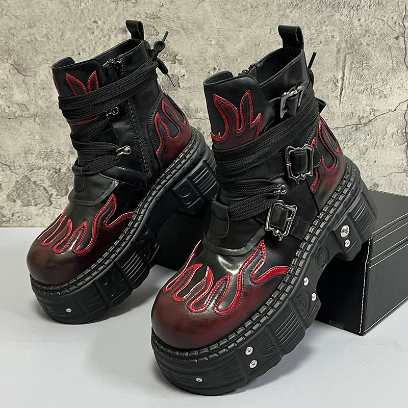 Men's 2024 Winter New Thick-soled Inner Heightening Fashion Fried Street Personality High-top Leather Boots