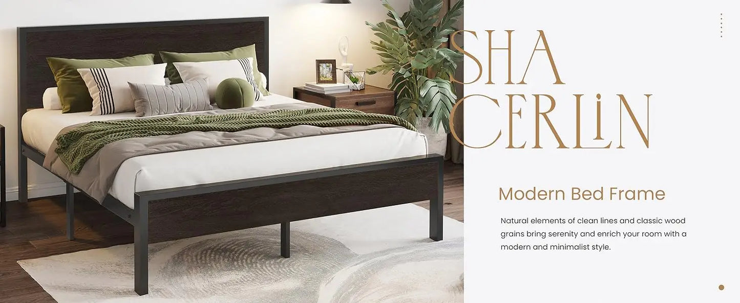 Queen Bed Frame with Headboard, Heavy Duty Platform Base with Under-Bed Storage, Solid Metal Construction, No Box Spr