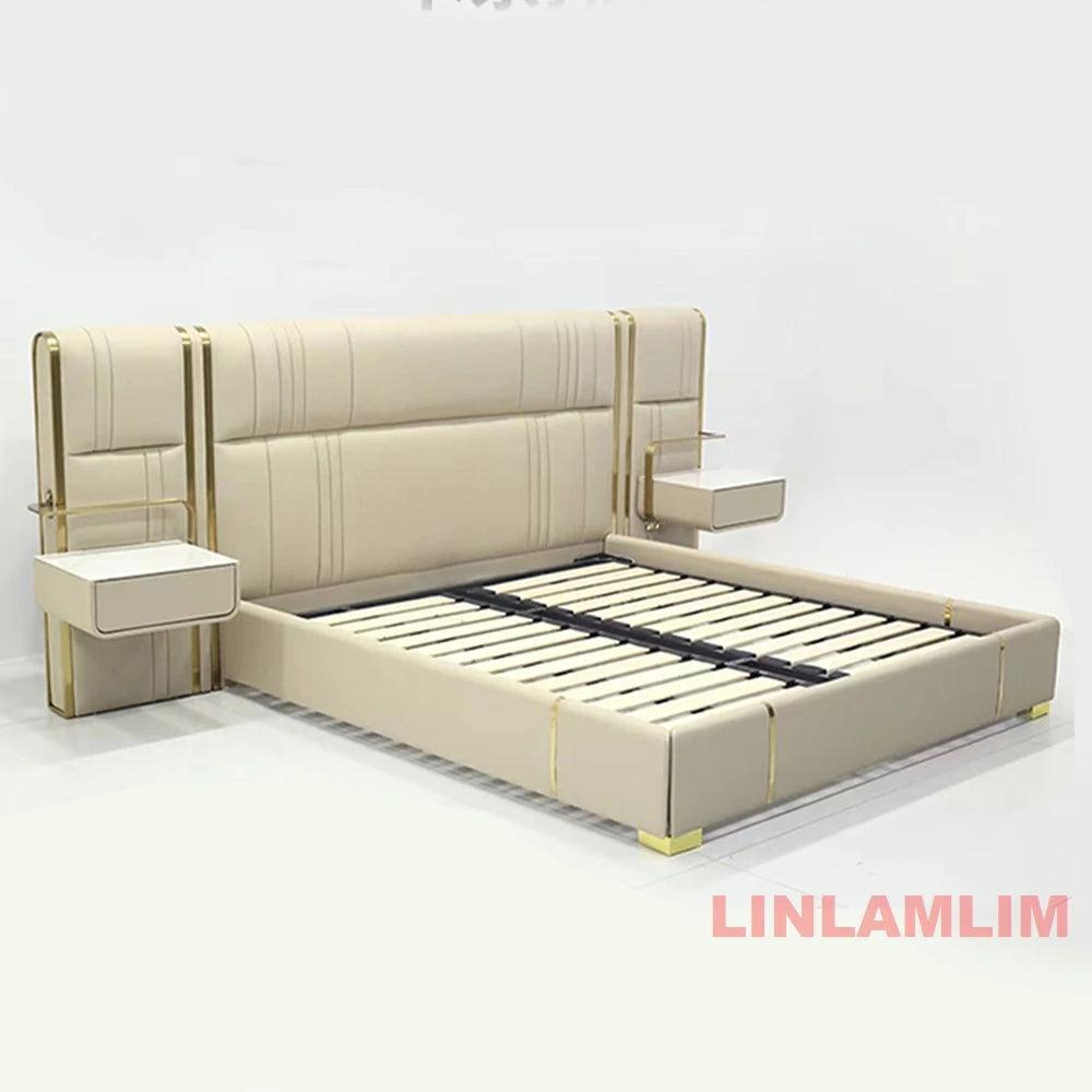 MINGDIBAO Luxury King / Queen Size Upholstered Bed Frame with Nightstands & Gold Accents, Modern Designer Genuine Leather Bed