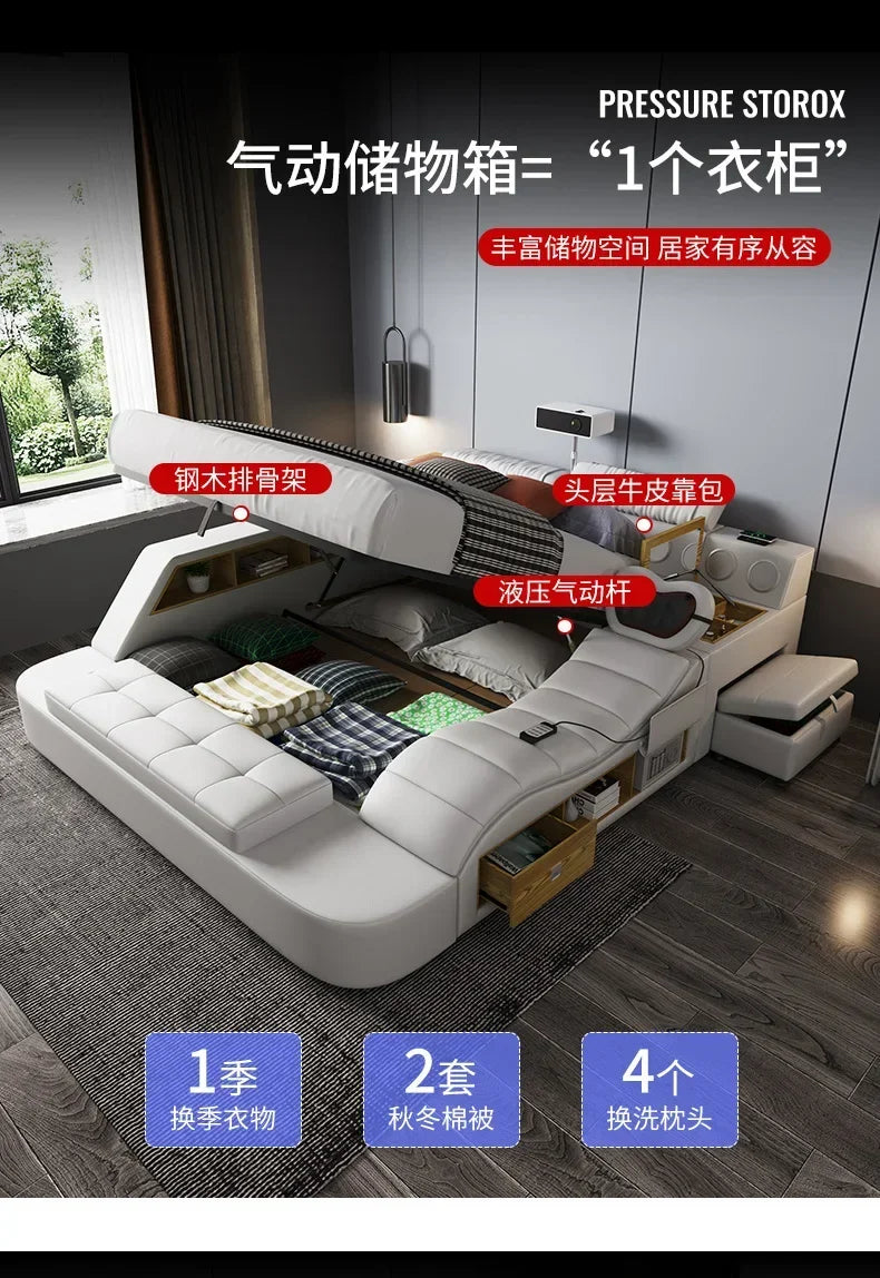 Queen Size Storage Double Bed Aesthetic Nordic Master Modern King Double Bed Multifunctional Smart Cama Casal Room Furniture