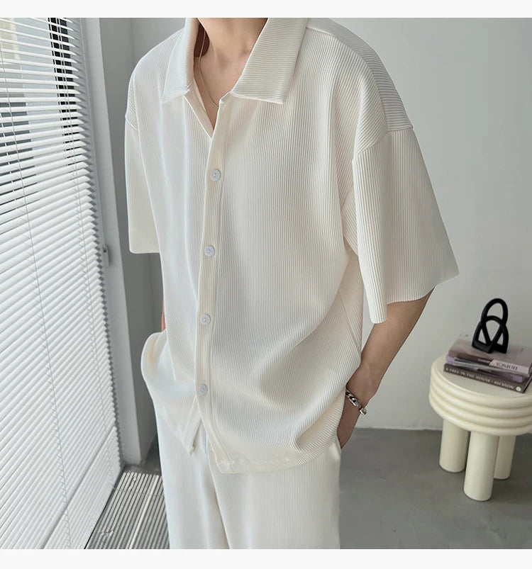 Summer Pleated Sets Men Fashion Black/White Casual Ice Silk Suit Men Korean Short-sleeved Shirt/Trousers Two-piece Mens Set