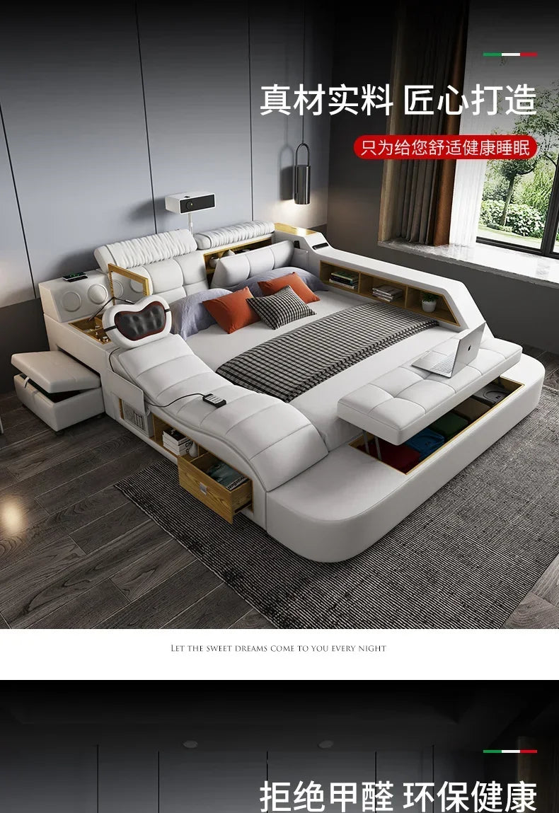 Queen Size Storage Double Bed Aesthetic Nordic Master Modern King Double Bed Multifunctional Smart Cama Casal Room Furniture