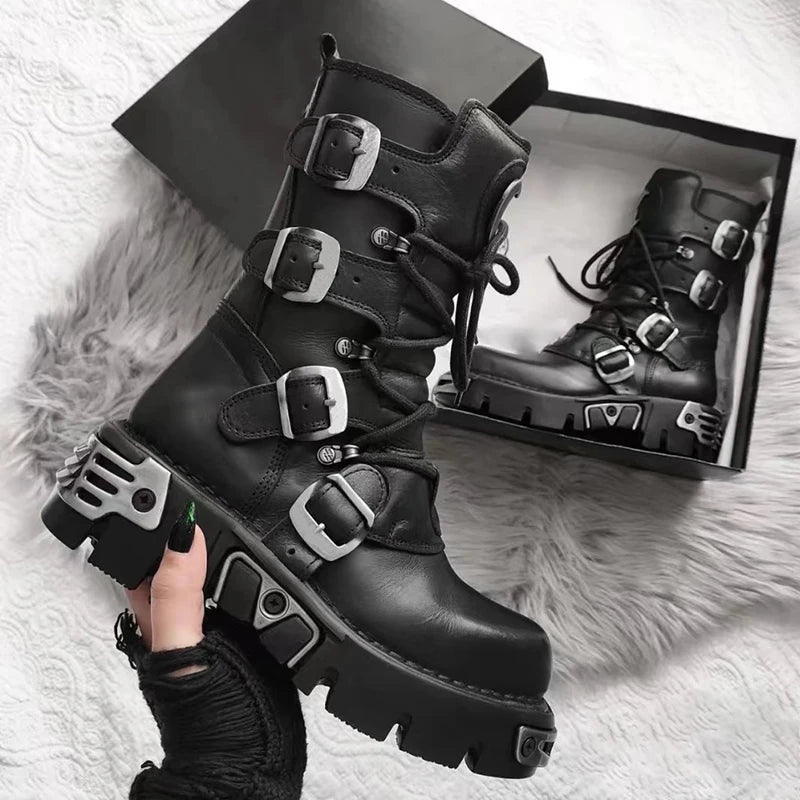 Men's Fashion Genuine Leather Motorcycle Boots Gothic Skull Punk Boots Design Rock Women Mid-calf Boots Metallic Combat Boot48