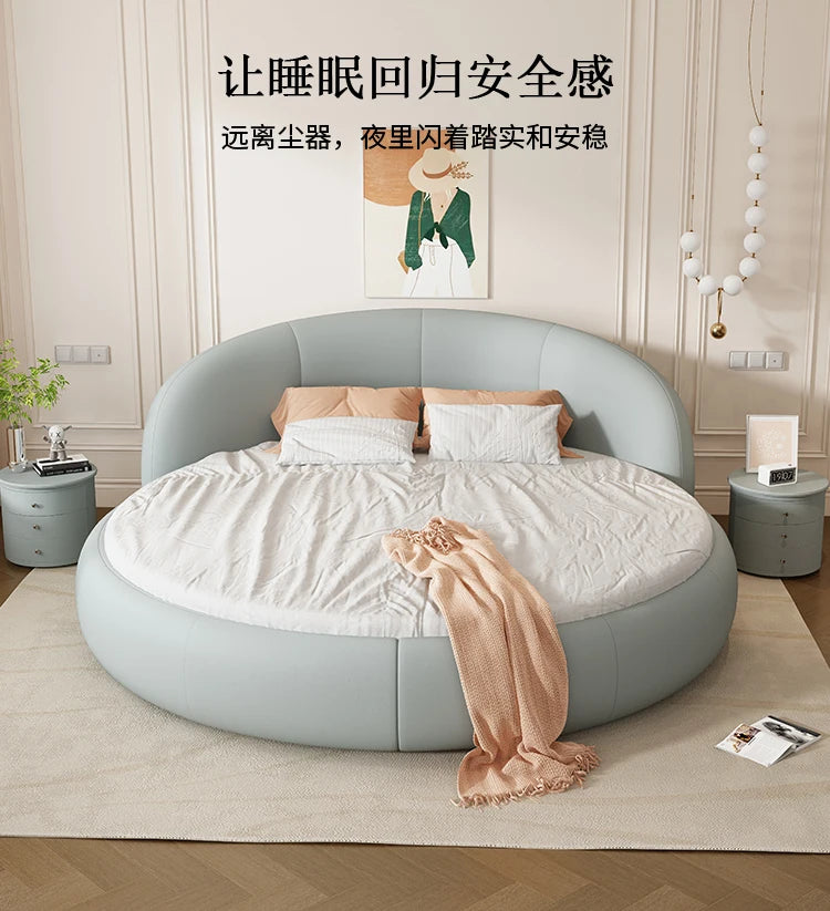Round Leather Double Bed Luxury Aesthetics Bedroom Modern Simple Light Luxury Bed Cream Style Adult Beliche Salon Furniture