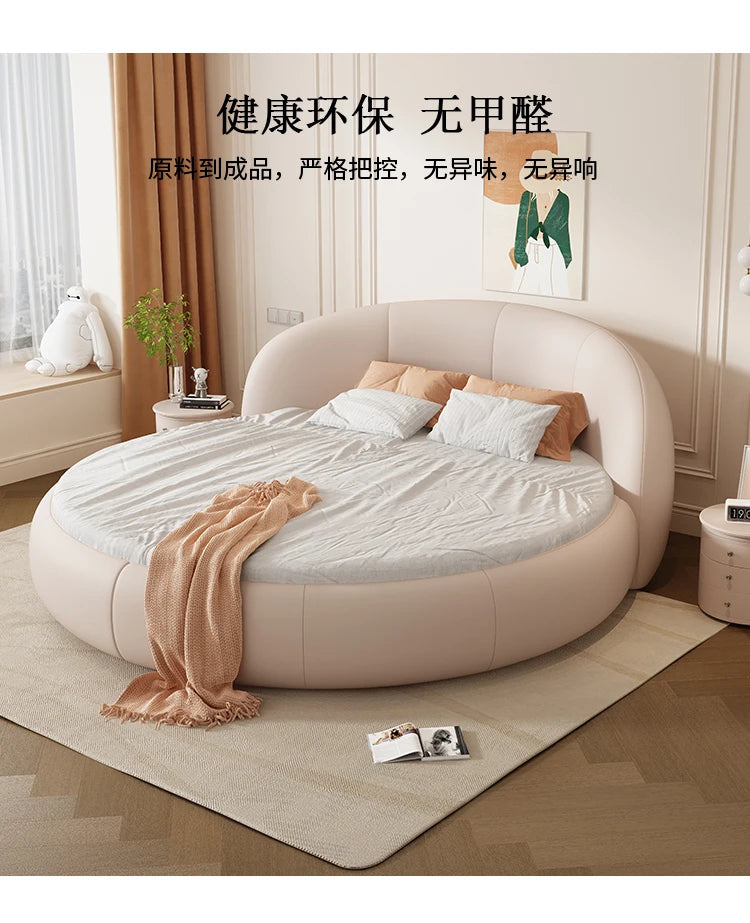 Round Leather Double Bed Luxury Aesthetics Bedroom Modern Simple Light Luxury Bed Cream Style Adult Beliche Salon Furniture