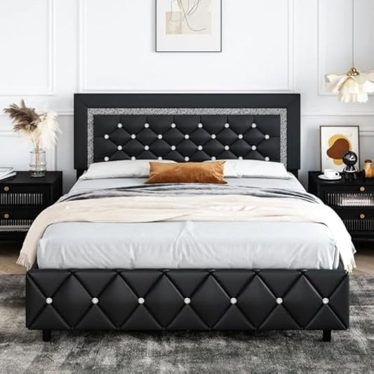 Platform Bed Frame with Upholstered Diamond Headboard, Mattress Foundation with Strong Wooden Slats Support, No Box