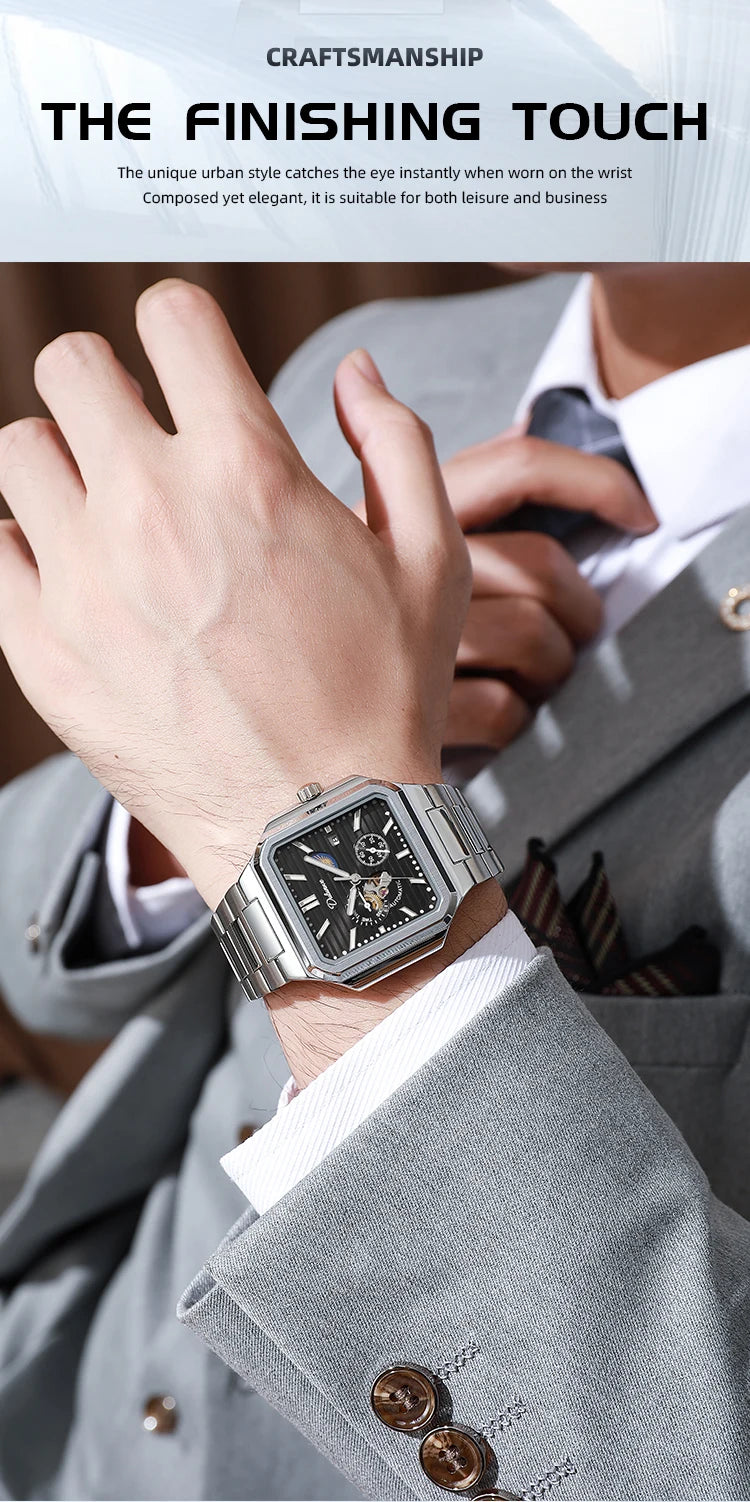 Dulunwe Fashion Men's Watch Automatic Mechanical Multi-function Small Dial Square Design 30M Waterproof Top Brand Wristwatches