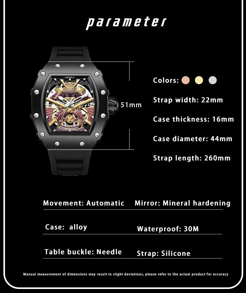 ONOLA 3865 Automatic Mechanical Tonneau Watch For Men Luxury Cool Watch Large Dial Silicone Men Watch reloj automático hombre