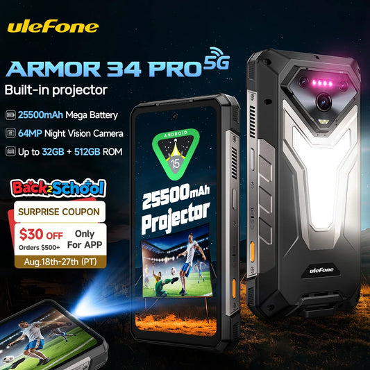 【World Premiere】Ulefone Armor 34 Pro 5G AI Rugged Phone 25500mAh Up to 32GB+512GB Built-in Projector 120Hz 6.95" NFC Smartphone