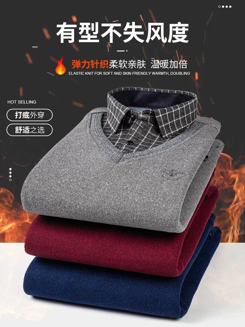 camisas de hombre imitation two piece set men clothing designer clothes long sleeve fleece thickened warm sweater men clothing