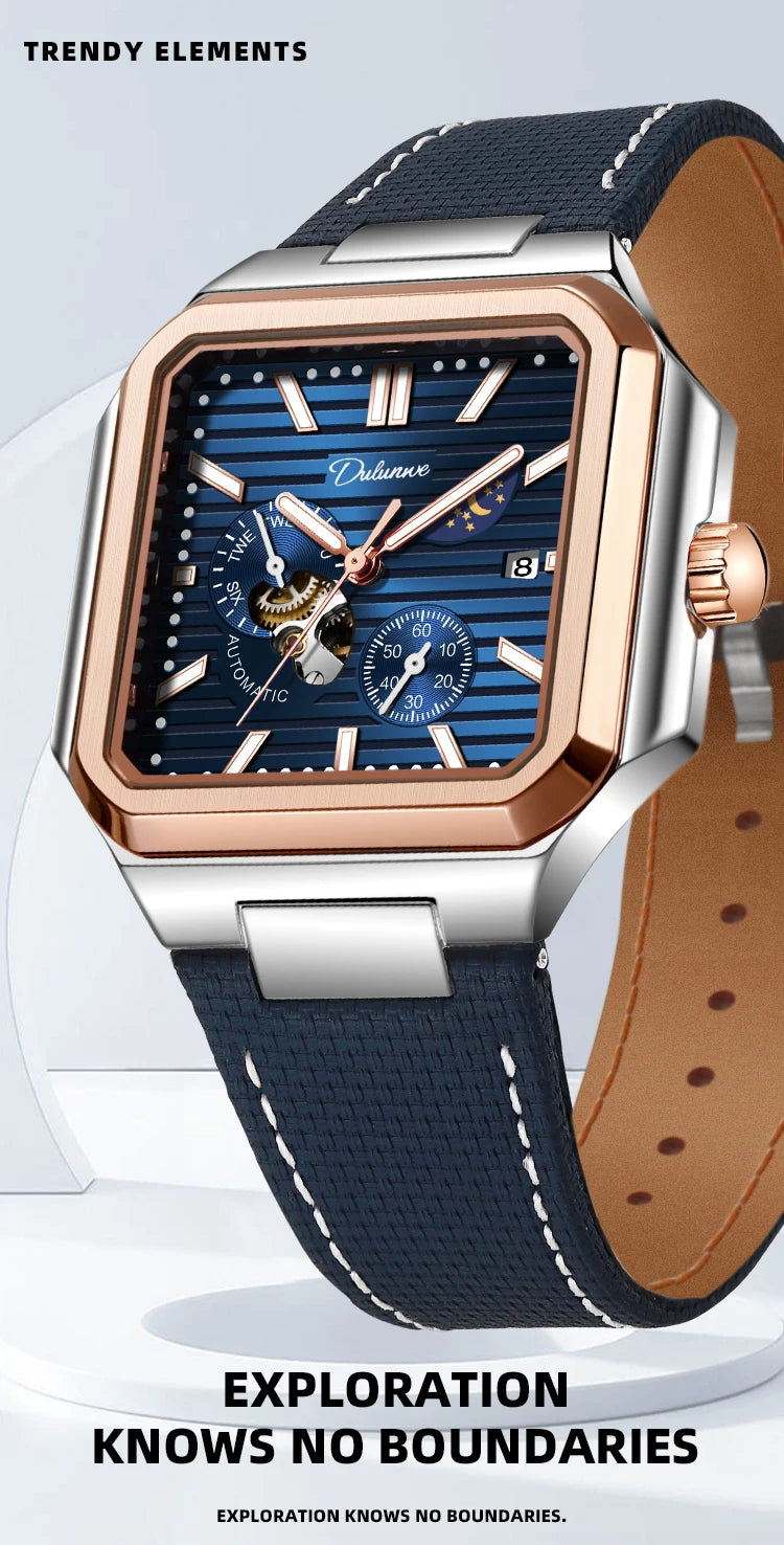 Dulunwe Fashion Men's Watch Automatic Mechanical Multi-function Small Dial Square Design 30M Waterproof Top Brand Wristwatches