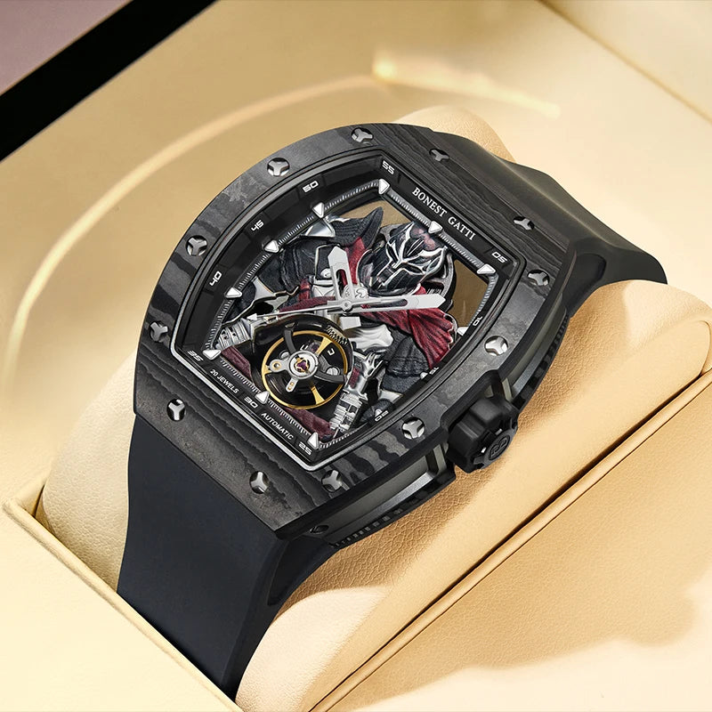 BONEST GATTI Fashion Automatic Movement Wristwatch Skeleton Luminous Big Dial Sapphire Glass Mechanical Watches for Men