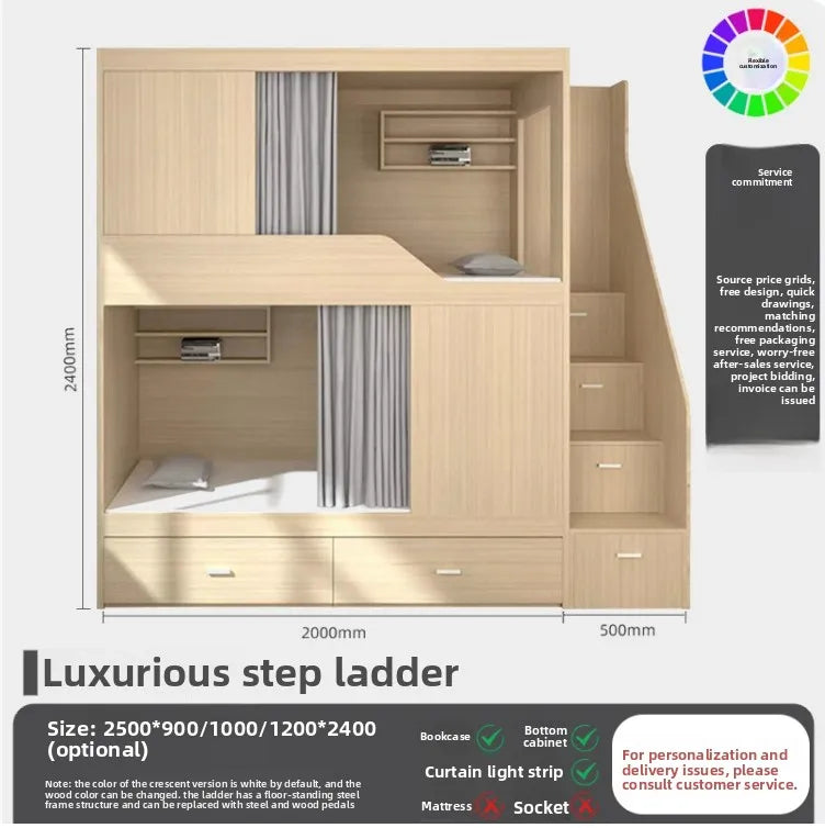 Family Parent-child Bed Space Capsule High and Low Bed Staff Bunk Bed Hotel Upper and Lower Wooden Beds