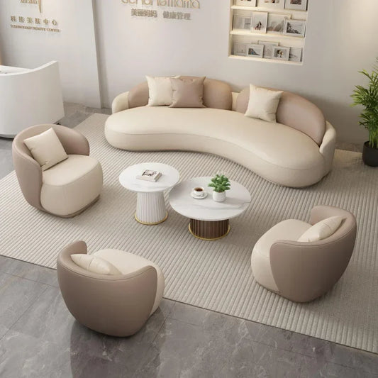 Hotel Sofa, Light Luxury Curved Leather Art Sofa, Cat Scratch Leather, Beauty Salon Rest Set, Sofa and Coffee Table Combination