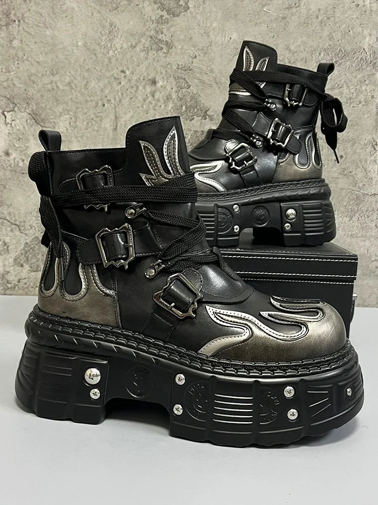 Men's 2024 Winter New Thick-soled Inner Heightening Fashion Fried Street Personality High-top Leather Boots