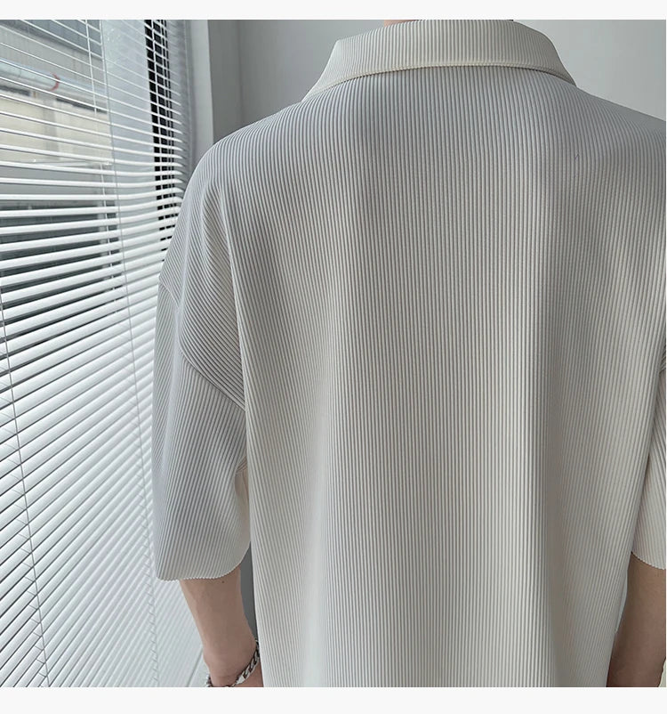 Summer Pleated Sets Men Fashion Black/White Casual Ice Silk Suit Men Korean Short-sleeved Shirt/Trousers Two-piece Mens Set