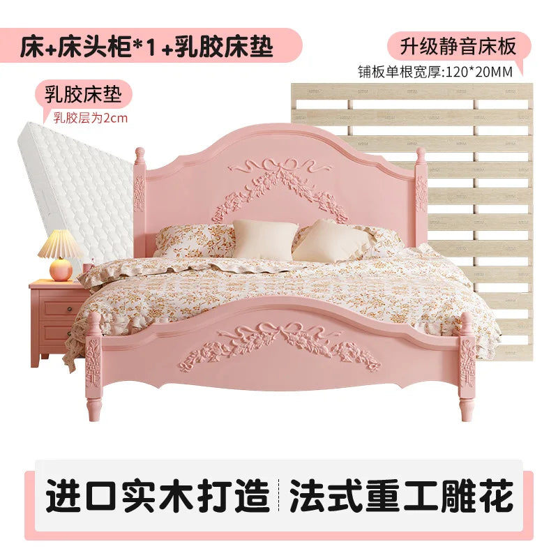 French Solid Wood Bed Pink Princess Bed Girl Bedroom 1.8 Meters 1.5m Double Retro European Carved Bed American