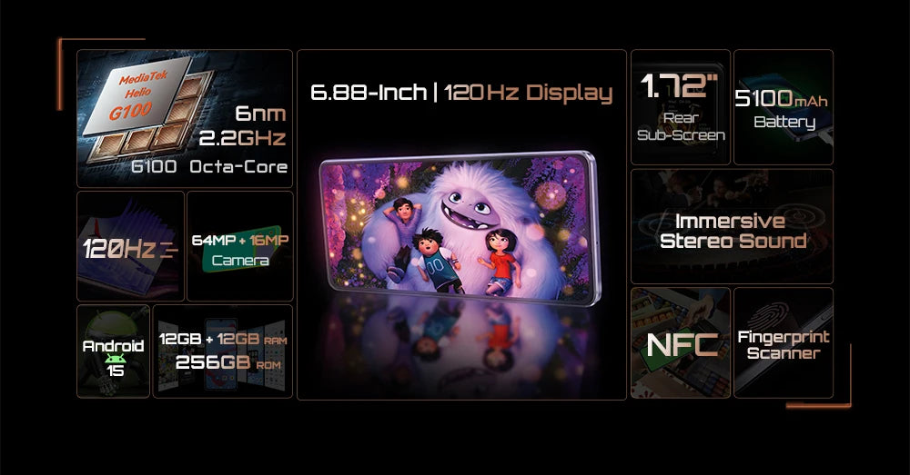 Cubot Smartphone P90,Dual Speakers,Android 15,6.88" 120Hz Display,24GB(12GB+12GB)RAM,256GB ROM,G100 Octa-core,64MP Camera,NFC