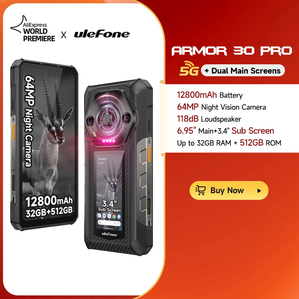 Ulefone Armor 30 Pro 5G Rugged Phone Android 14 Smartphone 6.95" 120Hz 32GB+512GB 12800mAh Night Camera 64MP NFC