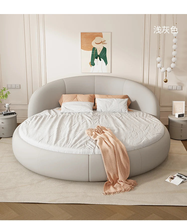 Round Leather Double Bed Luxury Aesthetics Bedroom Modern Simple Light Luxury Bed Cream Style Adult Beliche Salon Furniture