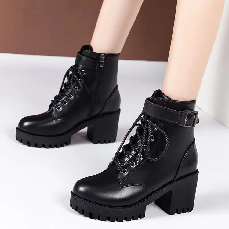 Winter Women's Boots 2024 New Lace Up Boots for Womens Fashion Thick Heel Side Zipper Ankle Boots Warm Female Motorcycle Shoes