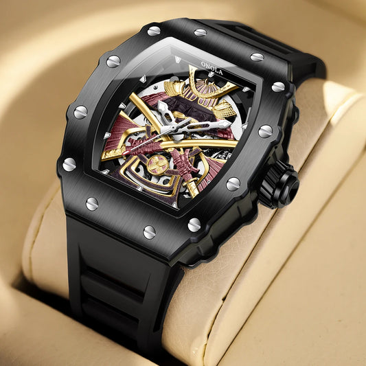 ONOLA 3865 Automatic Mechanical Tonneau Watch For Men Luxury Cool Watch Large Dial Silicone Men Watch reloj automático hombre