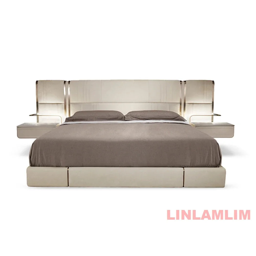 MINGDIBAO Luxury King / Queen Size Upholstered Bed Frame with Nightstands & Gold Accents, Modern Designer Genuine Leather Bed