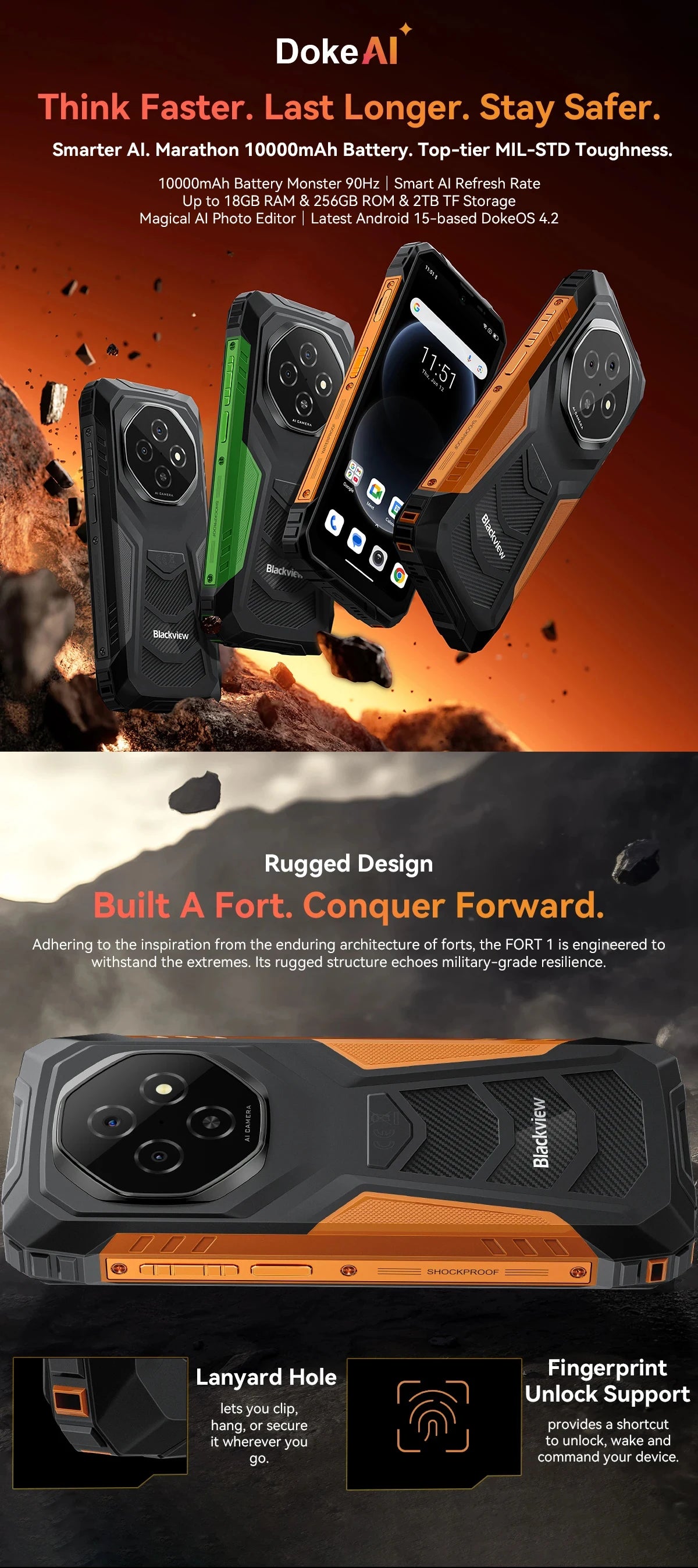 Blackview FORT 1  Rugged Smartphones Android 15 Unisoc T615  6.56 Inch HD+ Display 8GB RAM 256GB ROM 10000mAh Mobile Phone NFC