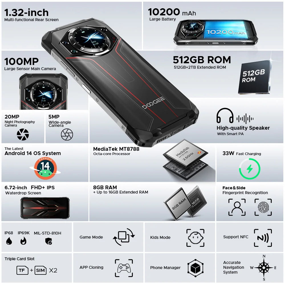 Global Version DOOGEE S119 Rugged Phone 6.72" FHD+ IPS Screen 8GB+512GB 100MP Main Camera 10200mAh battery 33W Android 14 NFC