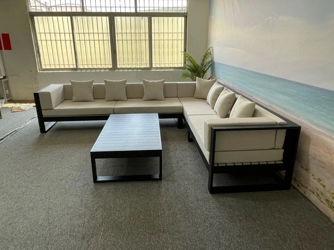 Modern Dark Grey Couch L Shaped Patio Sofa Hotel Outdoor Furniture Sets Modular Metal Garden Aluminium Sofa